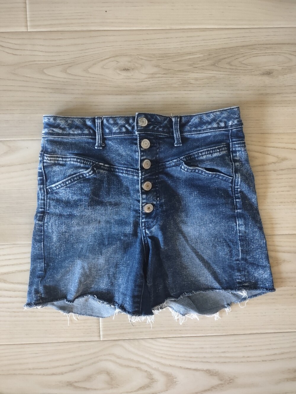 American Eagle Button Fly Shorts Size 4 Blue Denim Super Stretch High Waisted